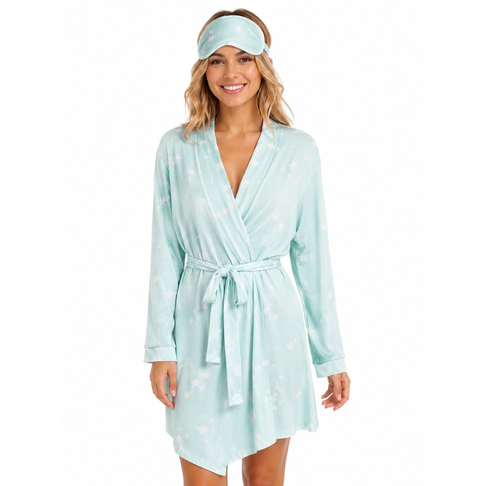 Just Be Super Soft Robe & Eye Mask Set One Size Aqua Blue White Stars Lounge New